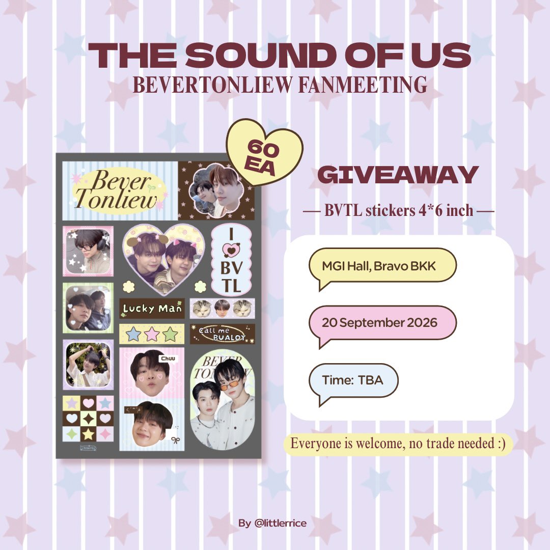 littlerrice's tweet photo. (pls rt) 𝑔𝑖𝑣𝑒𝑎𝑤𝑎𝑦 𝑓𝑜𝑟
#BeverTonliewFanmeeting
𝐵𝑉𝑇𝐿 𝑠𝑡𝑖𝑐𝑘𝑒𝑟𝑠 – 𝟼𝟶 𝑒𝑎
♡ MGI Hall, Bravo BKK
♡ 20 September 2026
♡Time: TBA
//Everyone is welcome, no trade needed :)
สามารถซื้อบัตรได้ที่ Allticket นะคั้บ!🤎
— #บีเวอร์ต้นหลิว #Bevertonliew