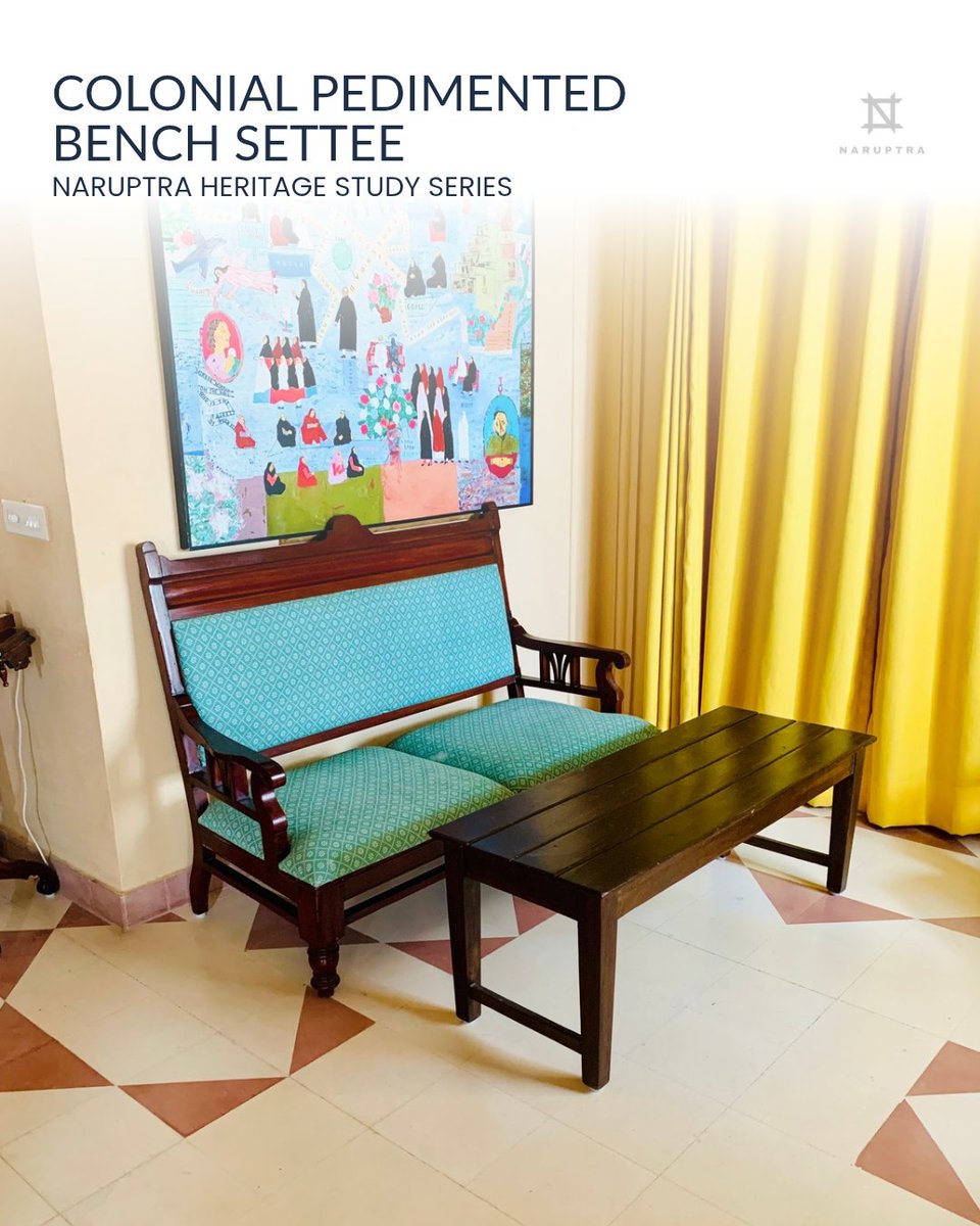 naruptra's tweet photo. Colonial timber settee featuring a pedimented crest rail, lathe-turned legs, and turquoise geometric upholstery. Traditional Anglo-Indian joinery styled for contemporary lounges.

​#Naruptra #ColonialSettee #BenchSettee #InteriorDesign #SpatialDesign https://t.co/iaVZlrUAiu