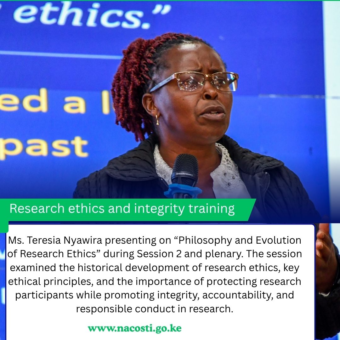 nacosti's tweet photo. Session 2 of Day 1 had a lively session on Evolution of Research Ethics by Scientist, Ms. Teresia Nyawira - NACOSTI.She delved into various global case studies highlighting that Research has caused a lot of harm in the past
#ResearchEthicsTraining
#STICapacityStrengthening 
#RSTI https://t.co/xFiDuUL4Ar