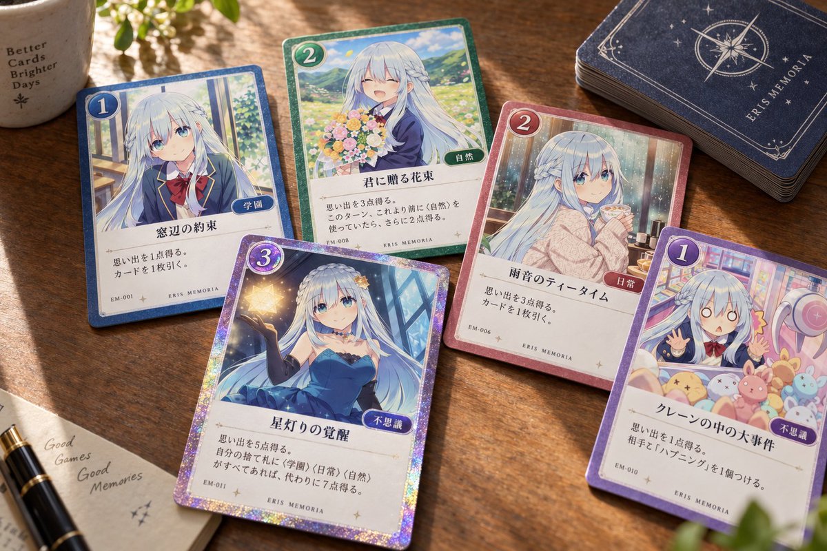 Ellillis's tweet photo. ChatGPT Images 2.5でサッとカード、パック、デッキケース、スリーブ、プレイマット、ファイルのサプライセットを作ってもらいました
もっと詰めれば現実でも使えるようなサプライができるかも？こういう身近なグッズをAIで作ると没入感を得られて好きなんです https://t.co/NeEWR02ux6