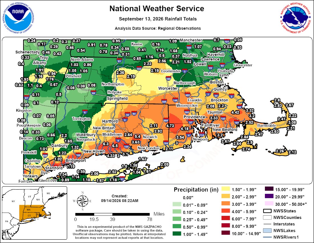 NWSBoston's tweet photo. ☔ Here's a look at the final rainfall totals from Sunday's rain storm! Widespread 3-4" with some locally higher 4-5" totals across central RI and SE MA☔ #MAwx #RIwx #CTwx https://t.co/E08IrqnBkH