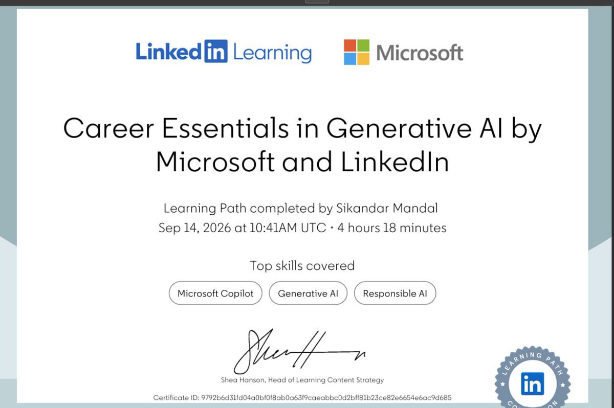 Sikandar3260's tweet photo. 🎉 Excited to share that I’ve completed the Career Essentials in Generative AI learning path by Microsoft and LinkedIn Learning!
Learned about Generative AI, Microsoft Copilot, and Responsible AI. 🤖
#GenerativeAI #AI #Microsoft #LinkedInLearning #ResponsibleAI https://t.co/n6PJ3WuFCT