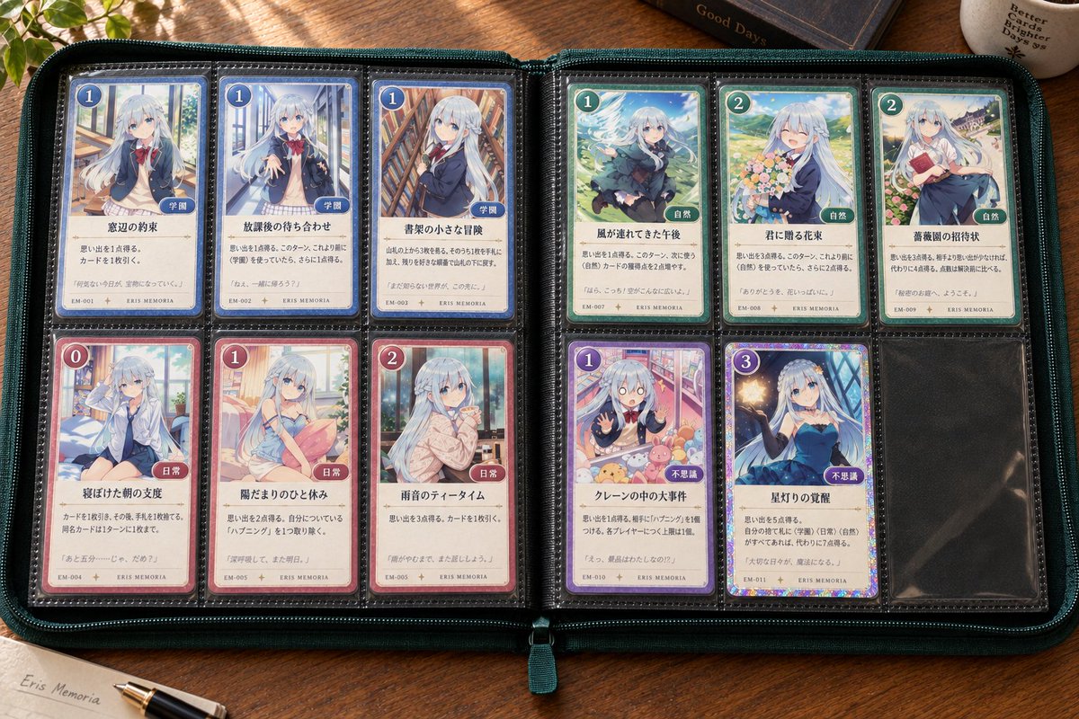 Ellillis's tweet photo. ChatGPT Images 2.5でサッとカード、パック、デッキケース、スリーブ、プレイマット、ファイルのサプライセットを作ってもらいました
もっと詰めれば現実でも使えるようなサプライができるかも？こういう身近なグッズをAIで作ると没入感を得られて好きなんです https://t.co/NeEWR02ux6