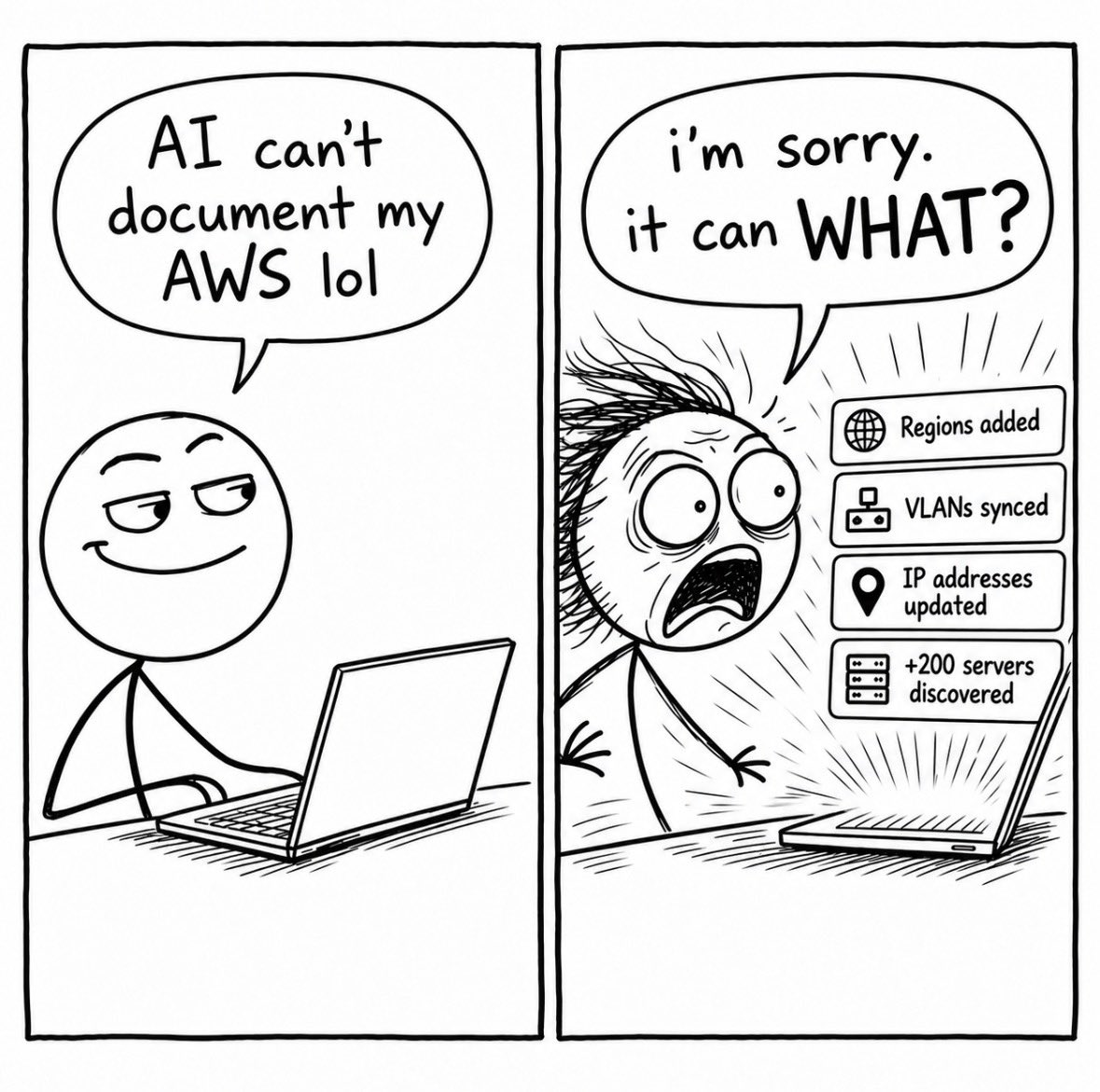 andresribeiroo's tweet photo. i'm sorry, Claude can WHAT?

it can connect to your AWS account, map your entire infrastructure and create a documentation of everything?

since when?? i've been doing this by hand for a YEAR.

ok. testing it: 👇

https://t.co/p9lY3U9sLo https://t.co/4bO01bwqfq