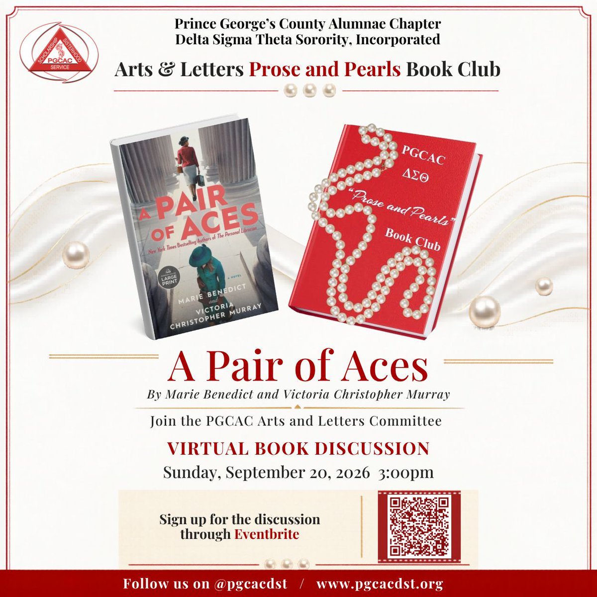 pgcacdst's tweet photo. Join us for a Prose and Pearls summer reading and virtual book discussion on September 20, 2026.
π We are reading βA Pair of Acesβ by Victoria Christopher Murray.
Register: https://t.co/Hbf7yVbEvw
#PGCACDST #ProseandPearls #SummerReading https://t.co/reKkXZue9w