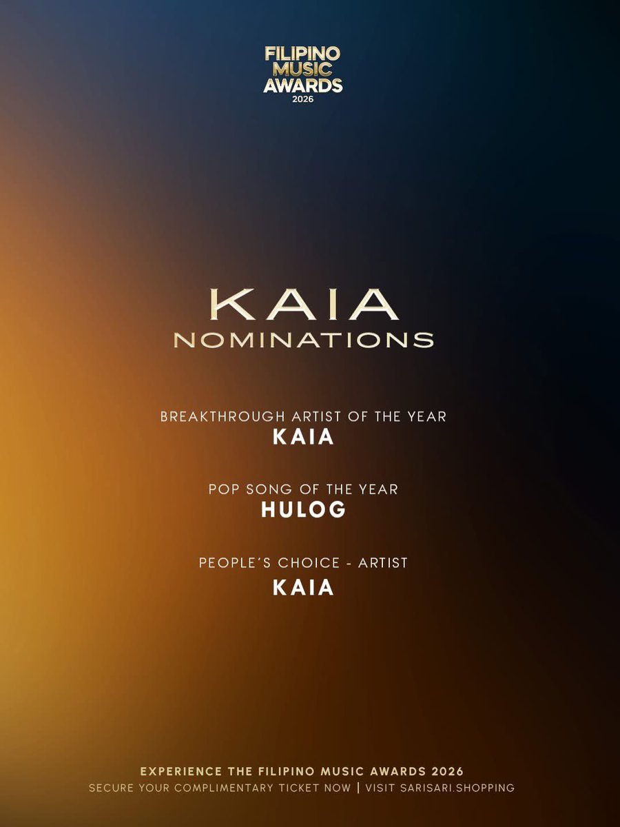 KAIAOfficialPH's tweet photo. [KAIA Nomination]

KAIA earned 3 nominations at this year’s Filipino Music Awards 2026! 💫

Breakthrough Artist of the Year Pop Song of the Year — “hulog” People’s Choice — Artist

Thank you ZAIA for pouring so much love and support into us and our craft. These nominations are a reflection of all the love you’ve given us, and we’re sharing this moment with all of you.

This one’s for you, ZAIA! 💜🩵

KAIA AT FILIPINO MUSIC AWARDS
#KAIA #KAIAatFilipinoMusicAwards #FMAs