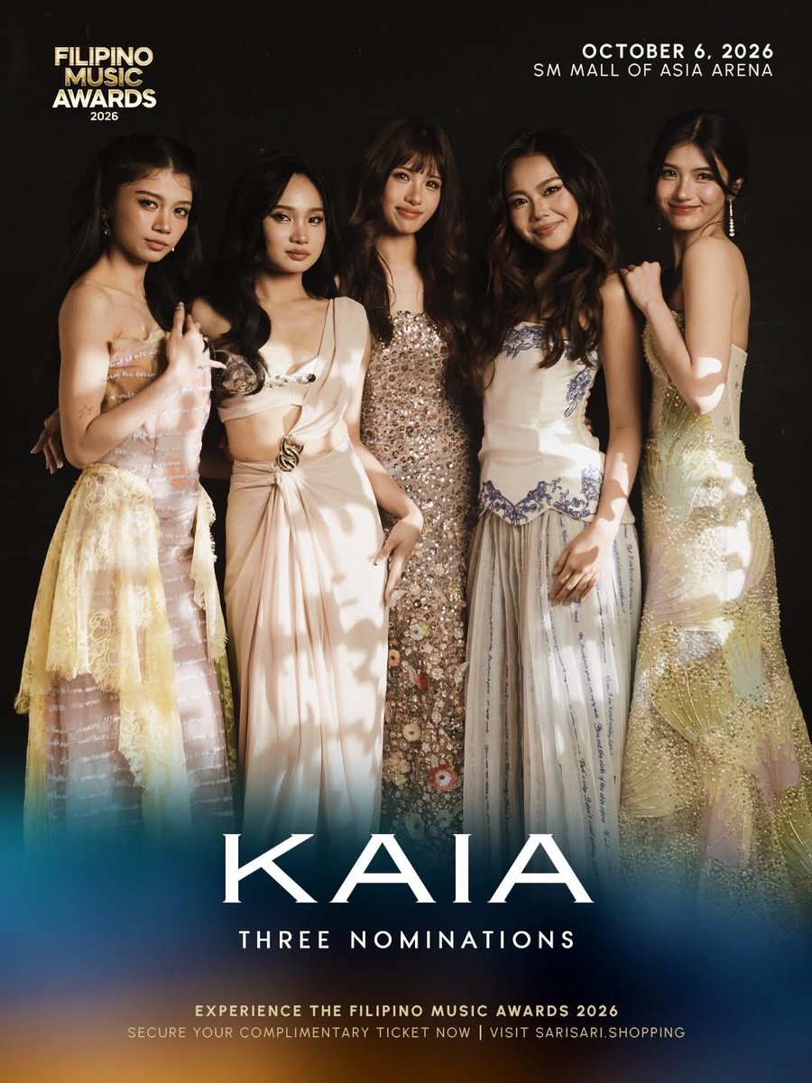 KAIAOfficialPH's tweet photo. [KAIA Nomination]

KAIA earned 3 nominations at this year’s Filipino Music Awards 2026! 💫

Breakthrough Artist of the Year Pop Song of the Year — “hulog” People’s Choice — Artist

Thank you ZAIA for pouring so much love and support into us and our craft. These nominations are a reflection of all the love you’ve given us, and we’re sharing this moment with all of you.

This one’s for you, ZAIA! 💜🩵

KAIA AT FILIPINO MUSIC AWARDS
#KAIA #KAIAatFilipinoMusicAwards #FMAs
