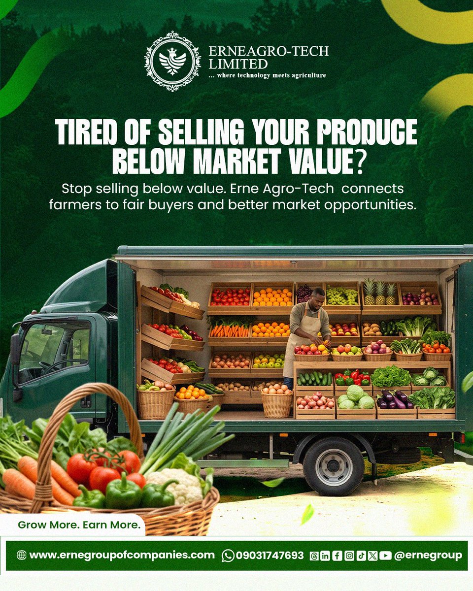 ernegroup's tweet photo. Tired of selling your agro allied product below market value?

At Erne Agro Tech Limited, we connect smallholder farmers and agribusinesses to technology, markets, fair pricing and buyers.

Tel: 09031747693

#erneagrotechlimited #ernegroupofcompanies #ernegroup #agriculture #food https://t.co/x2GXiWSVLO