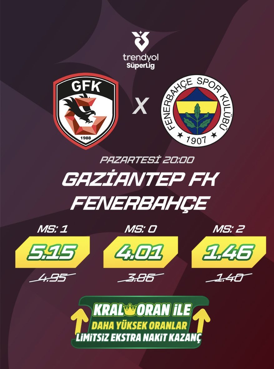 BankoSans's tweet photo. ⚽️Süper Lig 5. hafta kapanış maçında Fenerbahçe, Gaziantep FK deplasmanında.

⌚️20:00

➡️Karşılaşma, 👑Kral Oran ayrıcalığıyla 📲https://t.co/cundOhU26O 'da.

#iddaa #kraloran #fenerbahçe https://t.co/DoYvnuoxDU