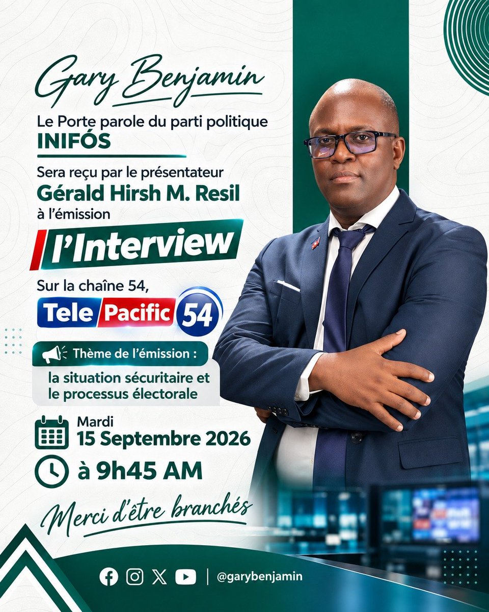 garybenjamin_'s tweet photo. 📺 Rendez-vous ce mardi 15 septembre à 9h45 AM sur Télé Pacific 54, pour l’émission L’Interview avec Gérald Hirsh M. Resil.
Nous échangerons autour de la situation sécuritaire et du processus électoral en Haïti.
#GaryBenjamin #INIFÓS #LInterview #TelePacific54 #Actualité #Haïti https://t.co/R20dg6maLh