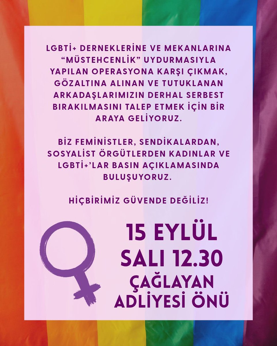 KirkYama05's tweet photo. Biz feministler, sendikalardan, sosyalist örgütlerden kadınlar ve LGBTİ+’lar 15 Eylül Salı günü (yarın) Çağlayan Adliyesi önünde, saat 12.30’da buluşuyoruz. 

Tüm kurumları basın açıklamamıza çağrı yapmaya davet ediyoruz. https://t.co/Ke4vRoXiHy