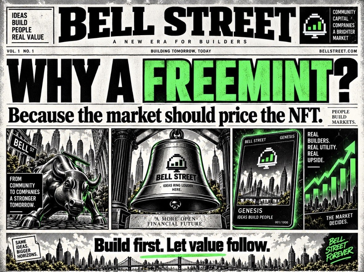 BellStreet_RH's tweet photo. Why a freemint?

Because I want the market to price Bell Street, not me.

I’ve seen too many projects charge for a mint, raise a significant amount upfront… and then nothing really happens afterward.

I don’t want Bell Street to start that way.

The 1.000 Genesis NFT will be free to mint.

Once they’re in your hands, the market will decide what they’re worth based on what I build, what the ecosystem delivers, and what people actually want to do with them.

“But how will you fund the treasury and keep developing the project?”

The treasury will grow alongside Bell Street.

Not from an upfront mint payment, but through your interactions with the ecosystem and the activity generated around it.

As Bell Street grows, the treasury grows with it.

That creates a very simple alignment:

If I want Bell Street to succeed, I have to keep building.
If the ecosystem creates value, the project benefits from it too.

No upfront payment for promises.

Let the market price the NFT.

Then let me prove what I can build around it. 🔔