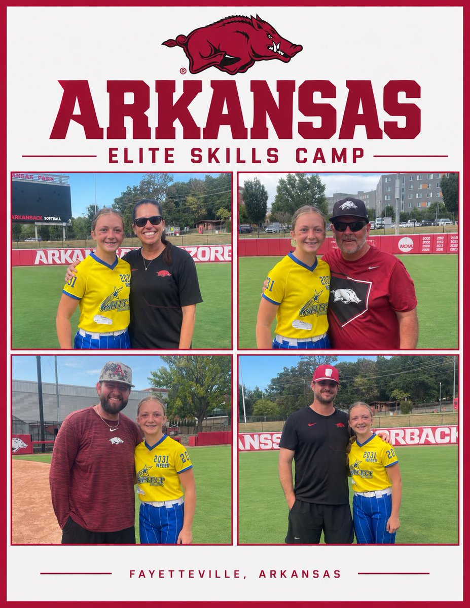 AdleeWeber's tweet photo. Had such a great time at the Arkansas Elite Skills Camp this weekend! 

Thank you @CoachDeifel, @MattMeuchel, @PRSTAGGS & @JustinShults33 for all the coaching, feedback and energy! I learned a ton, got to compete, and had so much fun!

Loved getting to be on Bogle Field and experience @RazorbackSB up close. Can’t wait for another chance to be back! 

Woo Pig 🐗

@SelectFP09 @selectfastpitch @LineDsoftball @MidwestPremierS @PrepSoftball @ExtraInningSB @D1Softball @ejonesrockchalk