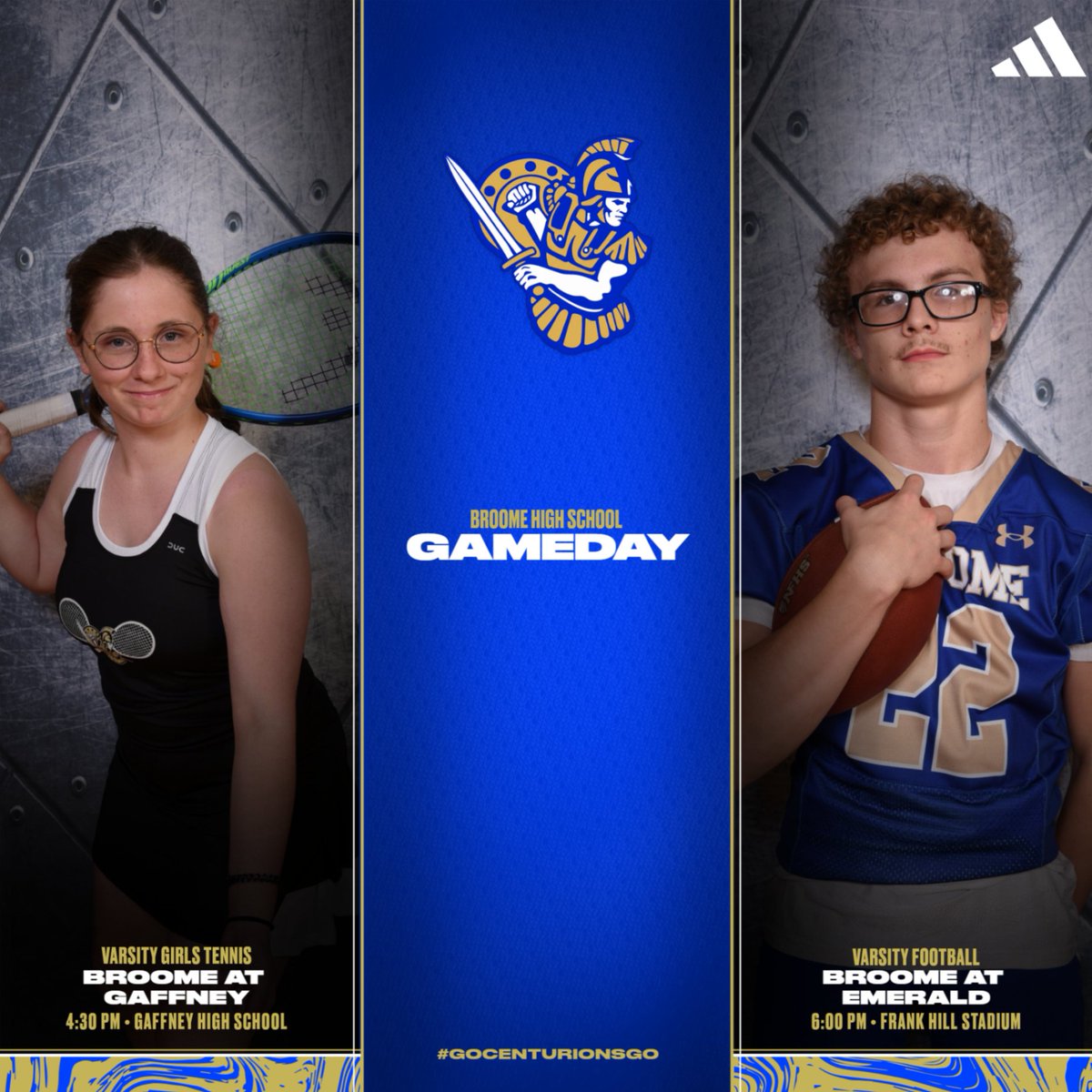 GOCENTURIONSGO's tweet photo. IT'S GAMEDAY!!!

Girls Tennis in on the road at Gaffney and Varsity Football is at Emerald playing their rescheduled game. Come out and support!

#GoBroome
#GoCenturionsGo
#ConquerandPrevail https://t.co/5uWDIznzQC