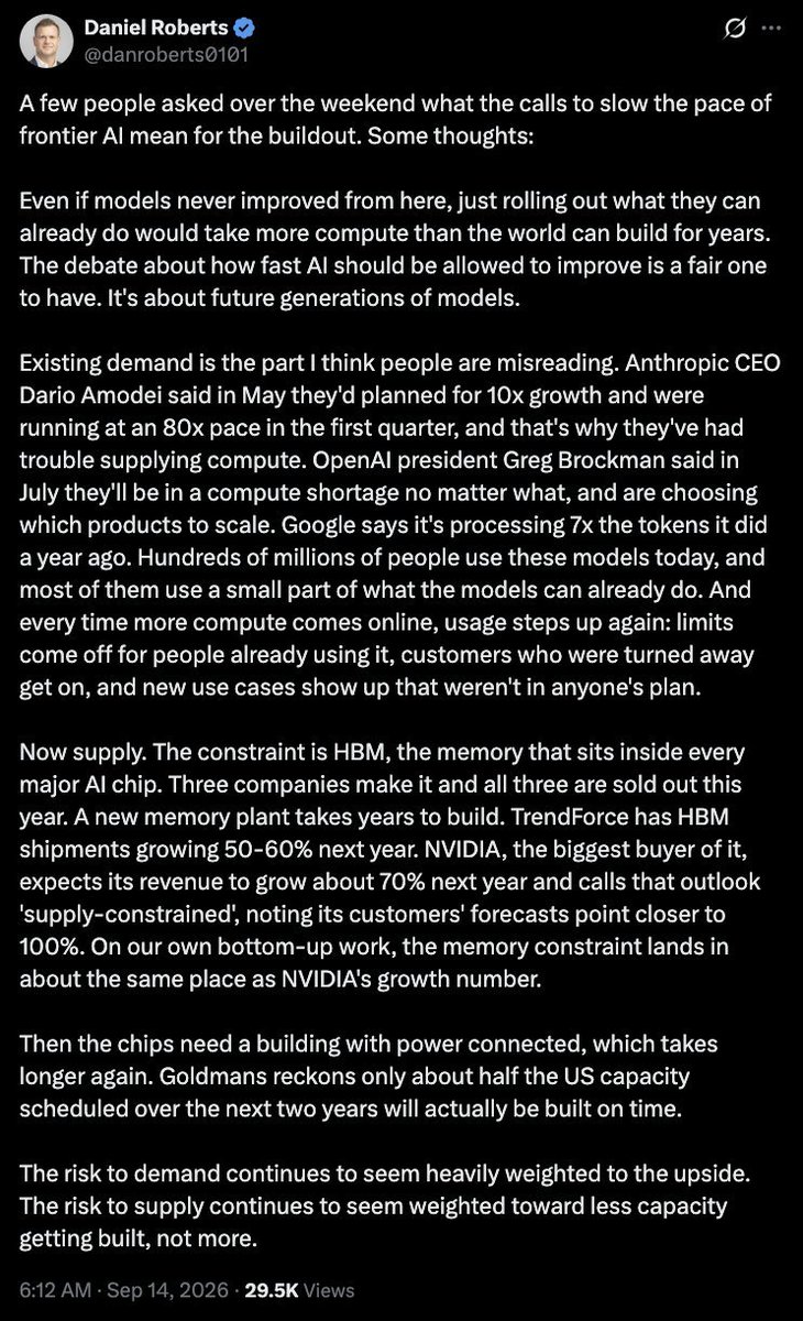 Jonathan419b's tweet photo. The most bullish part of the AI story?

Demand keeps expanding every time new compute comes online.

The biggest constraints are now HBM + chips + power + data centers.

$IREN is exposed to exactly this supply squeeze. 🚀 https://t.co/TDK5vSEVTP