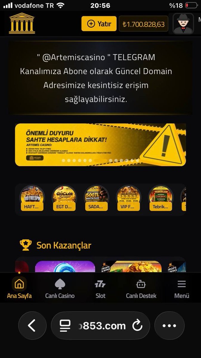 sitelerifsa1's tweet photo. Gelen şikayet mesajı ‼️ 

🚨 #Artemis  hakkında korkunç bir ödeme iddiası!

13.08.2026’da 1.698.902,11 TL Grand Jackpot kazandığını belirten oyuncunun, kazanç sonrası bakiyesi 1.700.828,63 TL’ye ulaştı.

Sonrası ise tam bir skandal iddiası:

❌ Hesaba erişim engellendi.

❌ Yıllardır kullandığı, defalarca oyun oynayıp küçük çekimler yaptığı üyelik silindi.

❌ Ardından kendisine “Sitede hiç üyeliğiniz olmadı” denildi.

❌ Yaklaşık 1,7 milyon TL’lik bakiye için ödeme yapılmadığı iddia ediliyor.

Daha da dikkat çekici olanı; kazançları Telegram kanallarında ve SMS'lerde reklam olarak paylaşılırken, iş ödeme yapmaya gelince hesabın ve üyelik geçmişinin ortadan kaybolduğu iddiası!

Kazanç reklamda var, ödeme nerede?
Bu iddialar doğruysa, konu son derece ciddi. Artemis Casino’nun kamuoyuna açık ve net bir açıklama yapması gerekiyor.

⚠️ Takipçilerimiz dikkatli olsun. 

Büyük kazanç vaadiyle hareket etmeyin, işlem yapmadan önce ciddi şekilde araştırın.

Yasa dışı bahis suçtur, suça ortak olmayın.

#Artemiscasino #Artemis