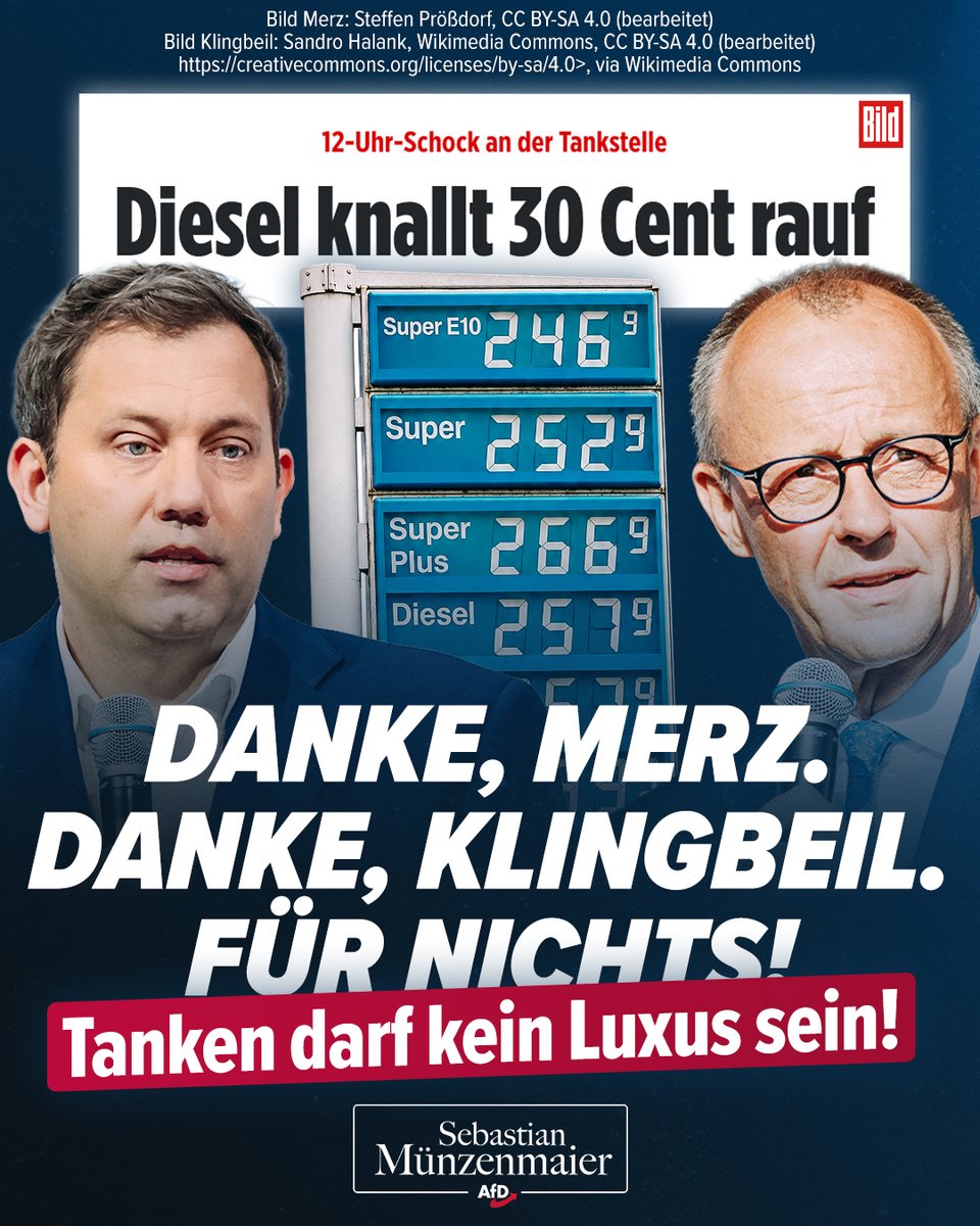 S_Muenzenmaier's tweet photo. Die Tankpreise gehen durch die Decke - CDU und SPD schweigen dazu!

Wir sagen: CO2-Abgabe abschaffen, Mehrwertsteuer senken und EU-Energiesteuer runter!

TM https://t.co/xWbtyLdOwy