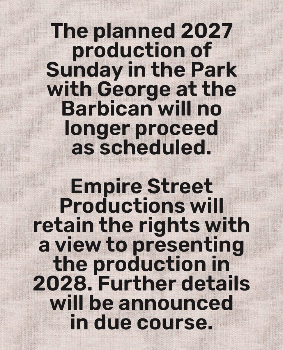 PopCrave's tweet photo. The 2027 production of ‘Sunday in the Park with George’ will no longer be going ahead following the departures of Ariana Grande &amp; Jonathan Bailey. https://t.co/VtE6dqH9BB