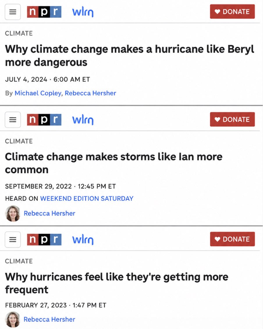 DanielTurnerPTF's tweet photo. NPR in 2022, 2023, and 2024 warned that climate change makes hurricanes more dangerous and more frequent.

Zero Atlantic hurricanes so far this year. Suddenly, NPR has nothing to say.

I’m glad President @realDonaldTrump stopped making taxpayers fund this propaganda machine. https://t.co/BOhij7oUu3