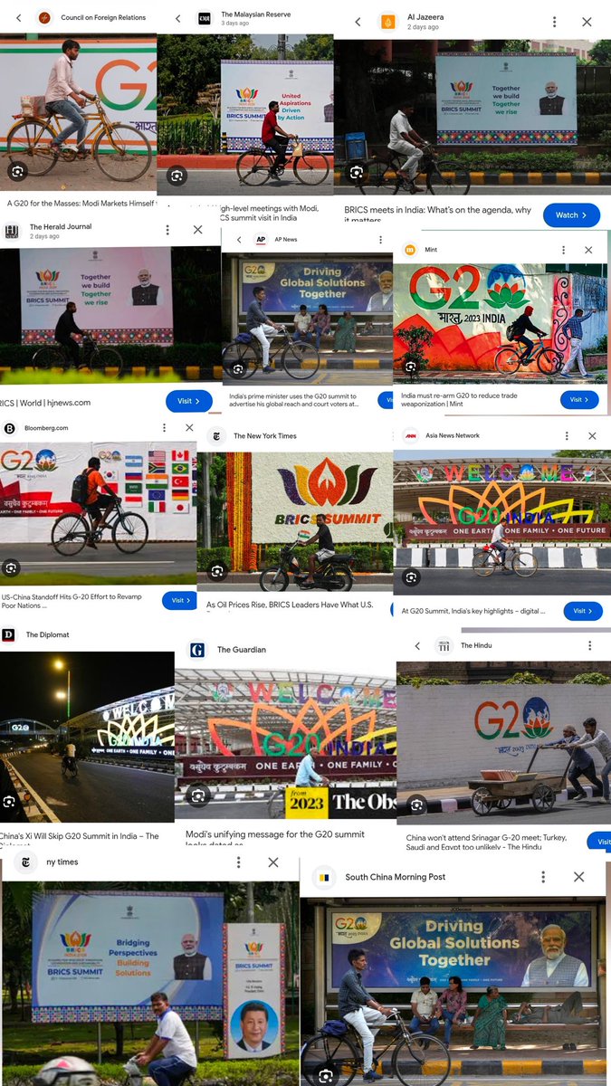 PiyushNeekhra's tweet photo. Every time India does something big globally, foreign media finds the SAME photo — a cyclist, a dusty road, a hand cart.

This week India hosted BRICS. 11 world leaders, Putin, Xi, leaders from Egypt, South Africa, all in one room.

Guess what photo they picked 👇
1/2 https://t.co/Yz7MCOhJAC