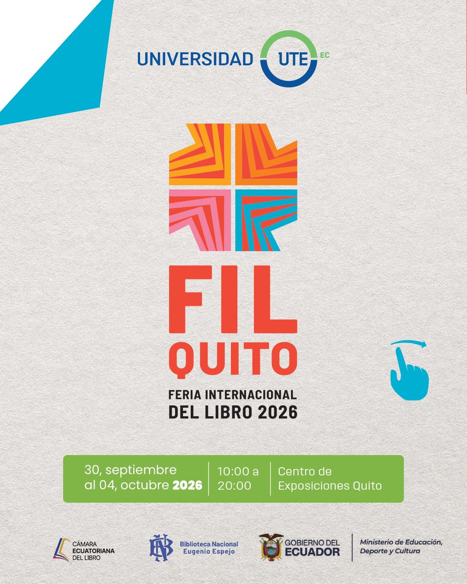 UTEoficial's tweet photo. Entre libros, ideas y nuevas historias, la UTE llega a la Feria Internacional del Libro Quito 2026. 📚✨

Del 30 de septiembre al 4 de octubre, date una vuelta por nuestro stand y descubre parte de la producción académica y editorial de nuestra Universidad.

📍 Centro de Exposiciones Quito
📌 Pabellón Simón Bolívar, planta baja
📚 Stand 20
🕙 De 10:00 a 20:00

¡Nos vemos en la FIL Quito! 🙌

#SomosUTE #FILQuito2026 #CulturaUTE #LoVivoLoDemuestro