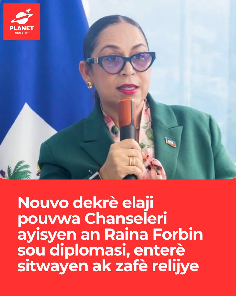 ht_planet's tweet photo. Nan yon dekrè ki pibliye nan jounal ofisyèl Le Moniteur, Gouvènman an tabli nouvo kad òganizasyon ak fonksyònman Ministè Afè Etranjè ak Kilt yo. Anplis aplikasyon politik etranjè peyi a, MAEC responsab devlope relasyon Ayiti ak lòt Leta, kowòdone aksyon entènasyonal administrasyon piblik la, defann enterè peyi a ak sitwayen ayisyen aletranje, epi jere akò Leta genyen avèk legliz ak òganizasyon relijye yo.

Sous : Primati Ayiti 🗞️

#ChanseleriAyisyen #DiplomasiAyiti #MAEC #GouvènmanAyisyen #planetnewsht