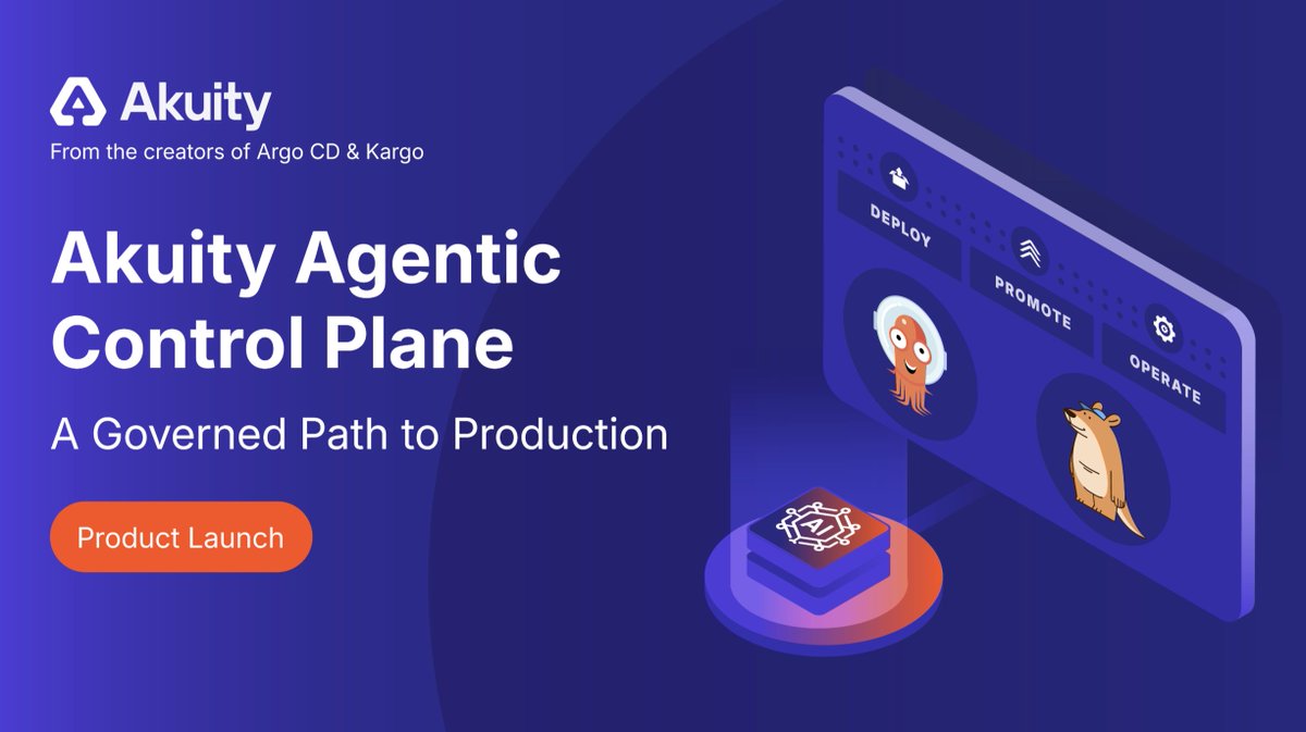 akuityio's tweet photo. AI agents already write code. Now they can help deliver it too. 😎

Akuity’s new Agentic Control Plane lets Claude, Cursor, Codex, or your own agent deploy, promote, and troubleshoot software while your existing controls still apply. 💪

➡️ https://t.co/67tH2gObZj

#GitOps #SREs https://t.co/gmm2gfIv71