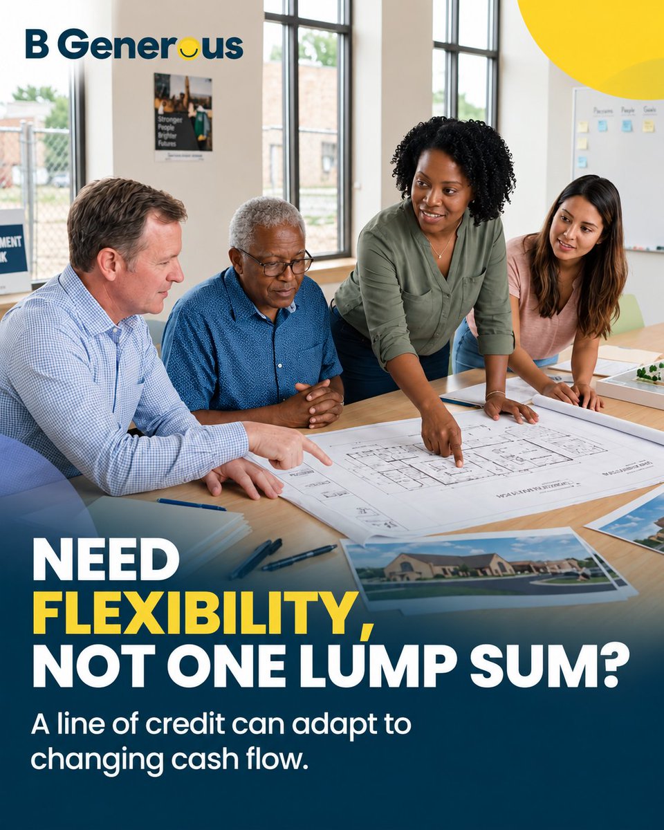 LetsBGenerous's tweet photo. Not every financial need calls for one lump sum.

A nonprofit line of credit can provide flexibility when cash-flow needs change, helping organizations manage expenses and keep operations moving.

Explore financing options at https://t.co/95hvKR4GME

#BGenerous #NonprofitLending https://t.co/WuVh2dfAb4