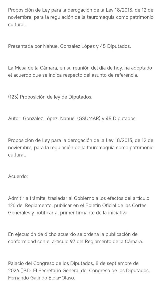 ubitaurorum's tweet photo. ATENCIÓN.
Se ha presentado una Proposición de Ley para la DEROGACIÓN de la Ley 18/2013, de 12 de noviembre, para la regulación de la tauromaquia como patrimonio cultural. 
Documento ⬇️ https://t.co/FvTsVswx0A