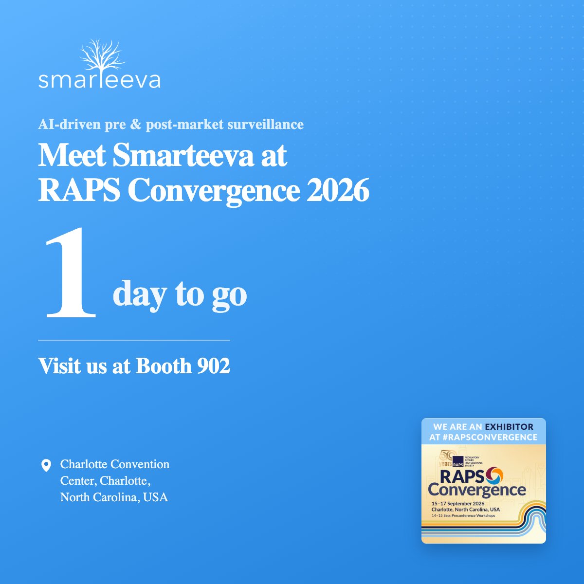 SmarteevaAI's tweet photo. Tomorrow, Booth 902.

If your team still moves complaint data between systems by hand, or reconciles FDA and Health Canada submissions from two different records, that is the conversation we want to have at RAPS.

We'll walk you through how decision trees, automated submissions, and field-level audit trails work on one platform: fifteen minutes, no slides.

Charlotte Convention Center, 15 to 17 September.

#RAPSConvergence #PostMarketSurveillance #FDA #MedicalDevices #QualityManagement