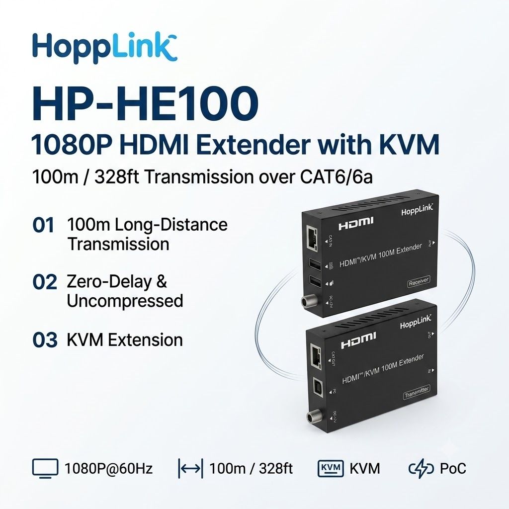 HopplinkInc's tweet photo. Need to extend 1080P video up to 100m with ZERO delay?  
The HoppLink HP-HE100 HDMI Extender features KVM control, local loop-out, and bi-directional PoC over a single CAT6/6a cable. Perfect for conference rooms and digital displays!  
#HoppLink #ProAV #Tech #HDMIExtender https://t.co/T2BZtSZP1U