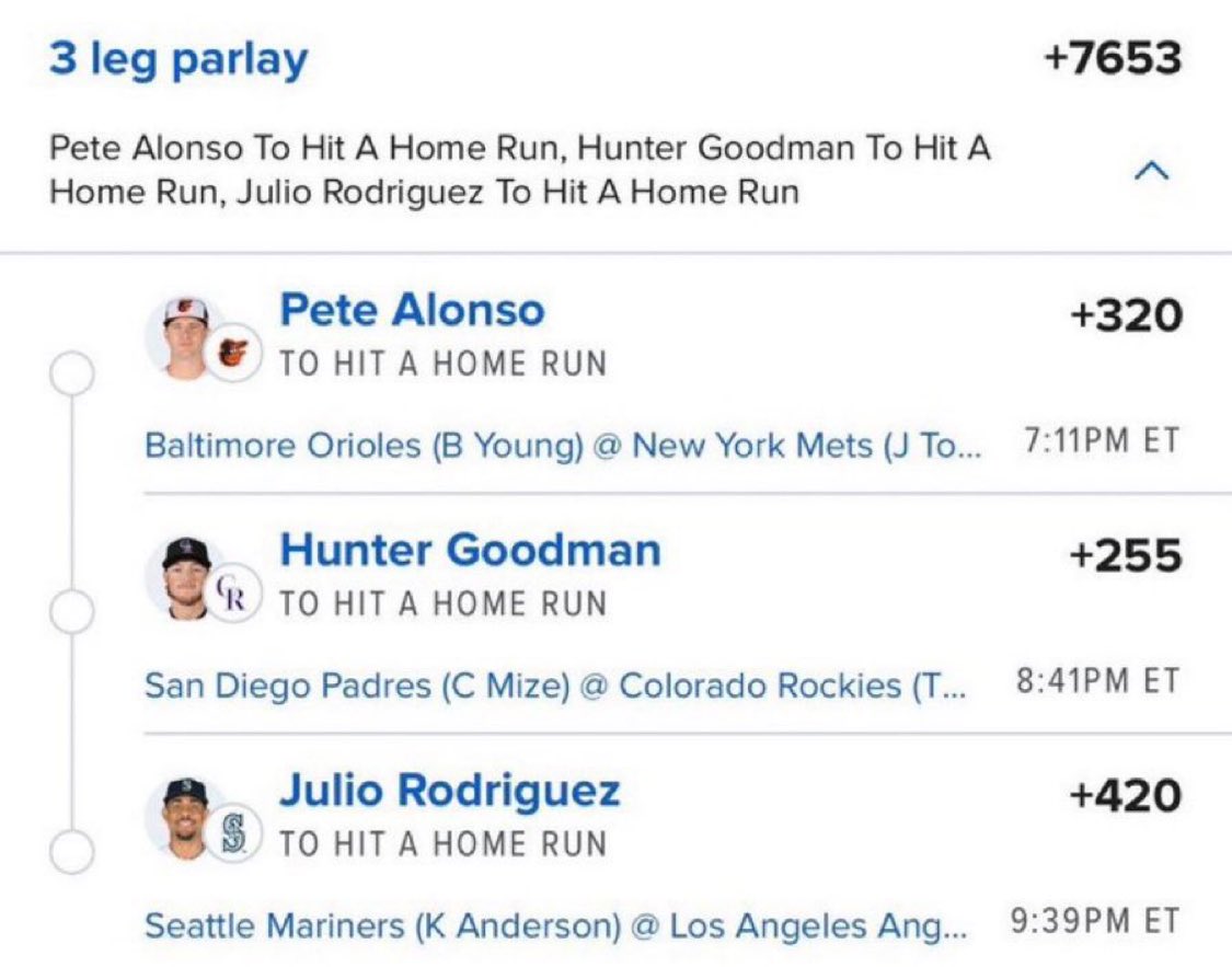 demiral28's tweet photo. 🔥 3-LEG HR PARLAY 🚨 +7653

Pete Alonso TO HIT A HOME RUN 💣 +320
Hunter Goodman TO HIT A HOME RUN 💣 +255
Julio Rodríguez TO HIT A HOME RUN 💣 +420

+7653 if ALL 3 go yard! 👀🔥

#MLB #MLBBets #HRParlay #HomeRun #SportsBetting #Baseball #MLBPicks #BettingX #LetsRide https://t.co/ArLuyb1Twc
