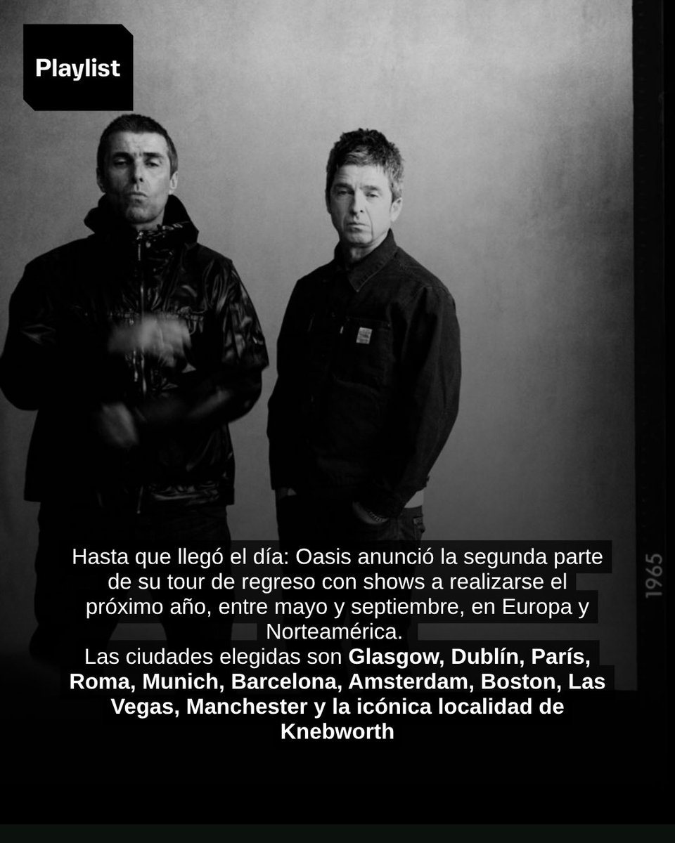 revistaplaylist's tweet photo. Oasis volverá a tocar en 2027. 

Los británicos anunciaron shows en Europa y Norteamérica para el próximo año. 

Todos los detalles en nuestro carrusel. 

#oasis #oasislive27 #oasismusic #oasisband https://t.co/BFntcIis44