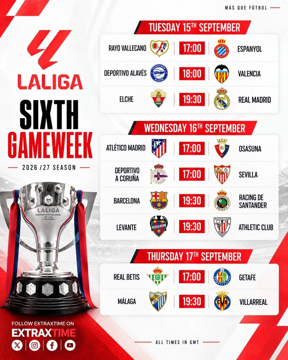 FTextraTime's tweet photo. 𝙇𝘼𝙇𝙄𝙂𝘼 𝙂𝘼𝙈𝙀𝙒𝙀𝙀𝙆 6

Midweek action takes over Spain as Real Madrid looks to pressure the top spot away at Elche while Barcelona host Racing de Santander.

#LaLiga #LaLigaEASports #RealMadrid #FCBarcelona #ElcheRealMadrid #BarcelonaRacing https://t.co/Hewb1nmaVK