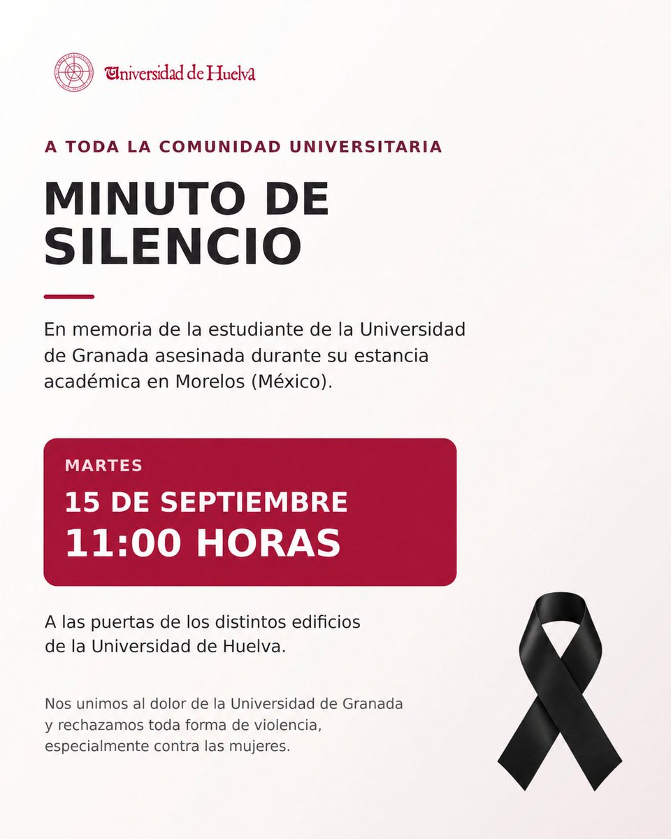 UniHuelva's tweet photo. La Universidad de Huelva condena el asesinato de Claudia Tacoronte Aguilera y traslada sus condolencias a su familia y a la UGR. 
Minuto de silencio mañana, martes 15 de septiembre, a las 11:00 h, ante los distintos edificios de la UHU. https://t.co/wqbnklZgyW