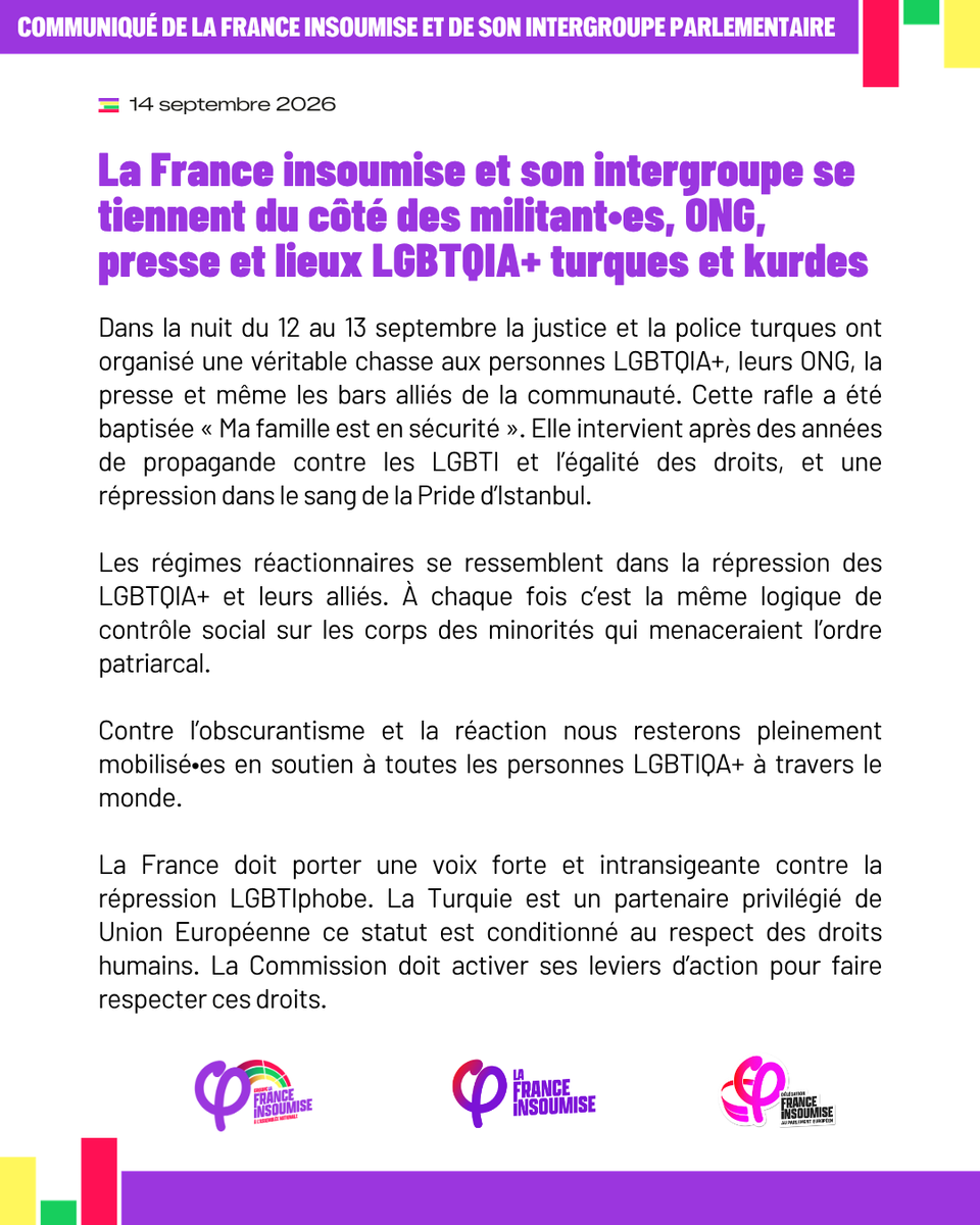 FiAssemblee's tweet photo. 🔴📄 La @FranceInsoumise et son intergroupe se tiennent du côté des militant•es, ONG, presse et lieux LGBTQIA+ turques et kurdes !

Communiqué de l'intergroupe parlementaire de la France insoumise ⤵️ https://t.co/CofeNvKYHP