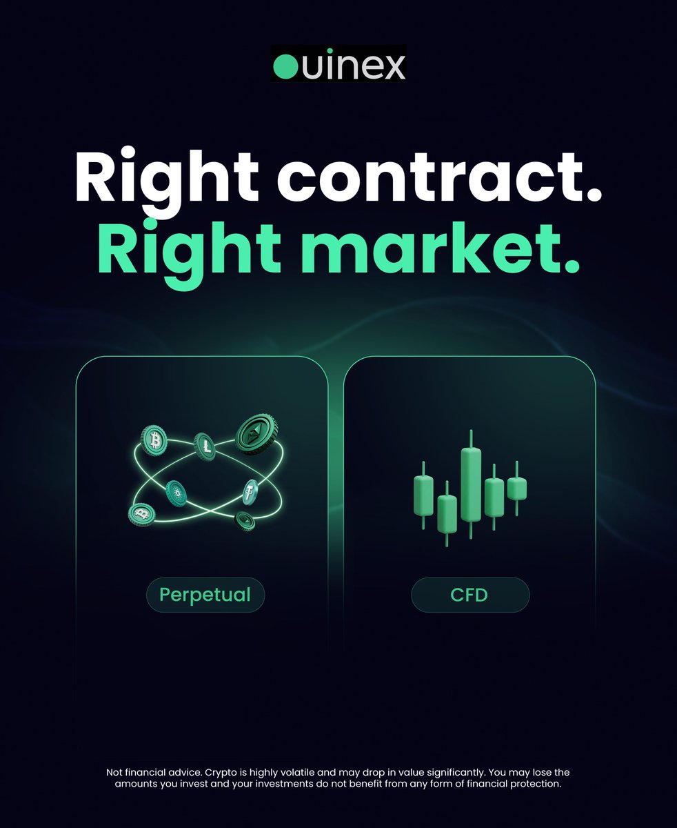 Ouinex's tweet photo. Most platforms give you stock and forex exposure through perps, built for markets with no close.
Ouinex uses CFDs for TradFi instead.

Crypto runs on perpetuals. 
Forex, stocks, indices, and commodities settle against the underlying as CFDs. 

One account, right contract per market.