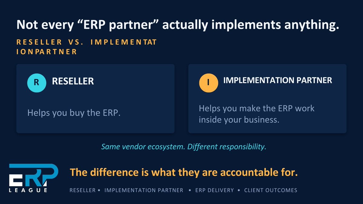 ErpLeague's tweet photo. Not every “ERP partner” actually implements anything.
A reseller can help you select and purchase the right ERP, manage licensing, and coordinate the vendor relationship.

Read Here: https://t.co/AhojwkdS5l

#ERP #ERPImplementation #ERPPartner #DigitalTransformation https://t.co/asXugyuSgI