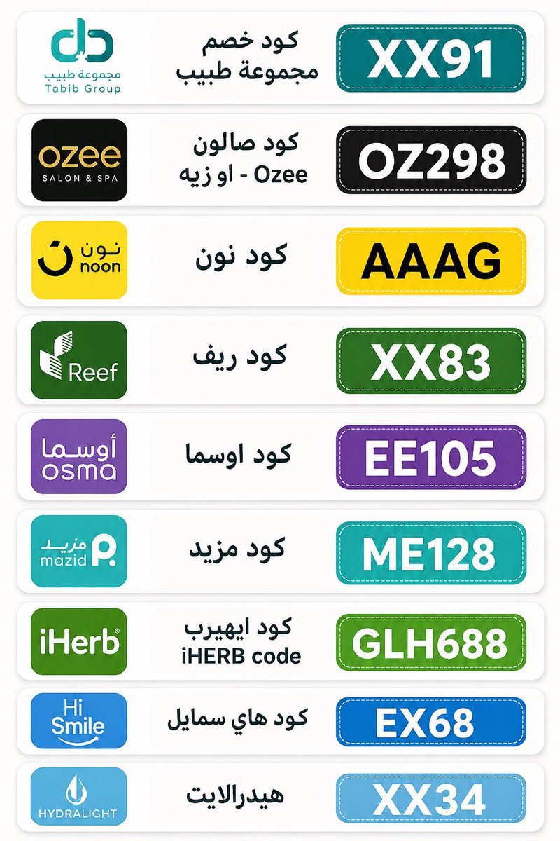 Ramawyt's tweet photo. ✅✅✅✅
كود خصم مجموعة طبيب 
XX91

كود صالون اوزيه-Ozee
OZ298

كود نون
AAAG

كود ريف
XX83

كود اوسما
EE105

كود مزيد
ME128

IHERB ايهيرب كود code
GLH688

هيدرالايت
XX34 https://t.co/NcpXCvMJN9