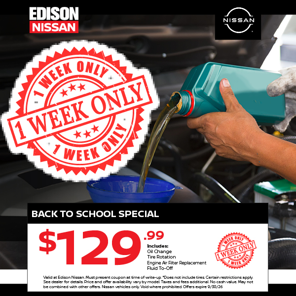 EdisonNissan's tweet photo. Enjoy these BIG Back to School Special SAVINGS! 📝⭐🛍️
🔗 https://t.co/AuVpSGyoQn
.
.
.
#EdisonNissan #Nissan #Service #Savings https://t.co/c92KGJXJfC
