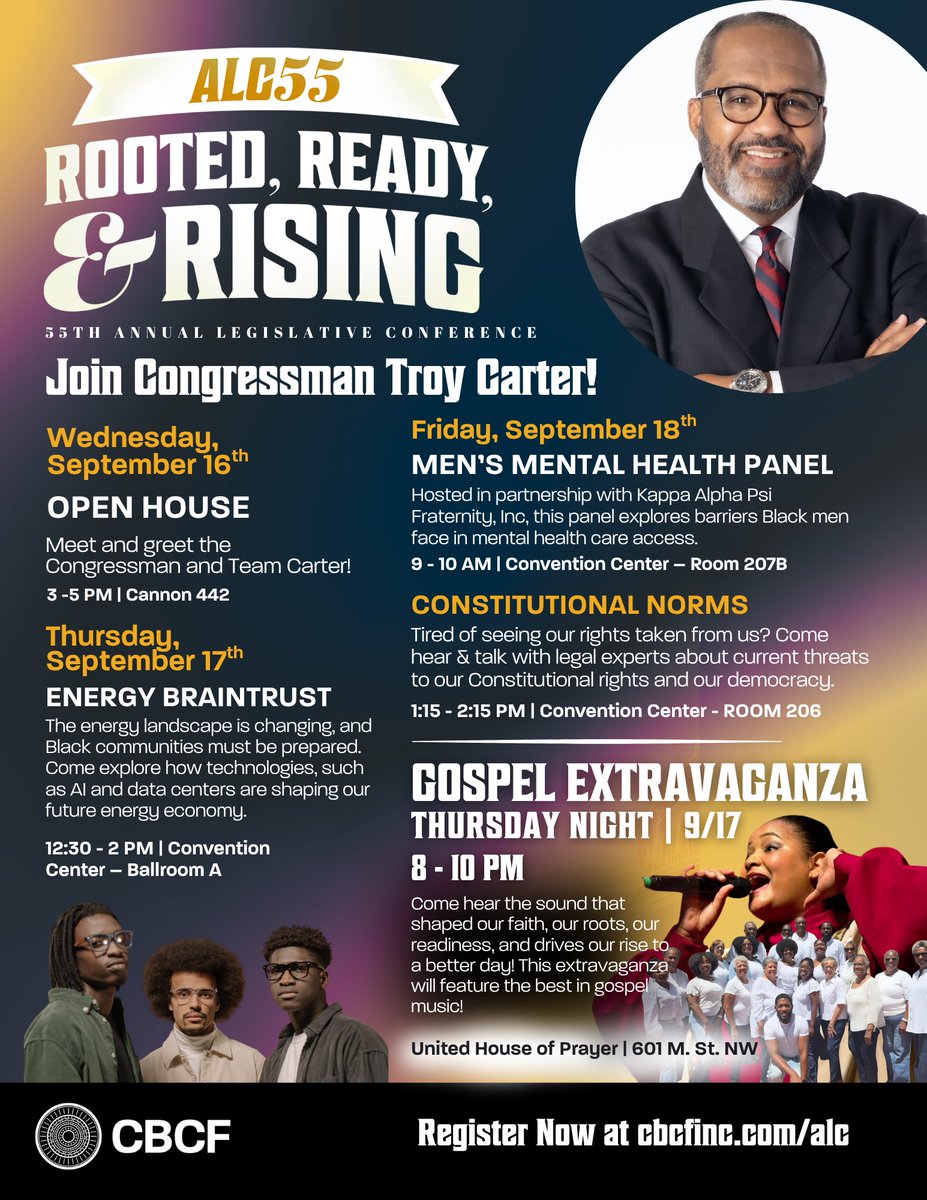 RepTroyCarter's tweet photo. It’s #ALCWeek, and we’re excited for CBCF’s 55th Annual Legislative Conference! Join yours truly and #TeamCarter for an exciting week featuring:

    ◦    A Black Men’s Mental Health Panel
    ◦    A timely Discussion on the Future of Energy Access, Data Centers and AI 
    ◦    And a conversation about our Constitution and the this fight to save our democracy!

We look forward to seeing you there!