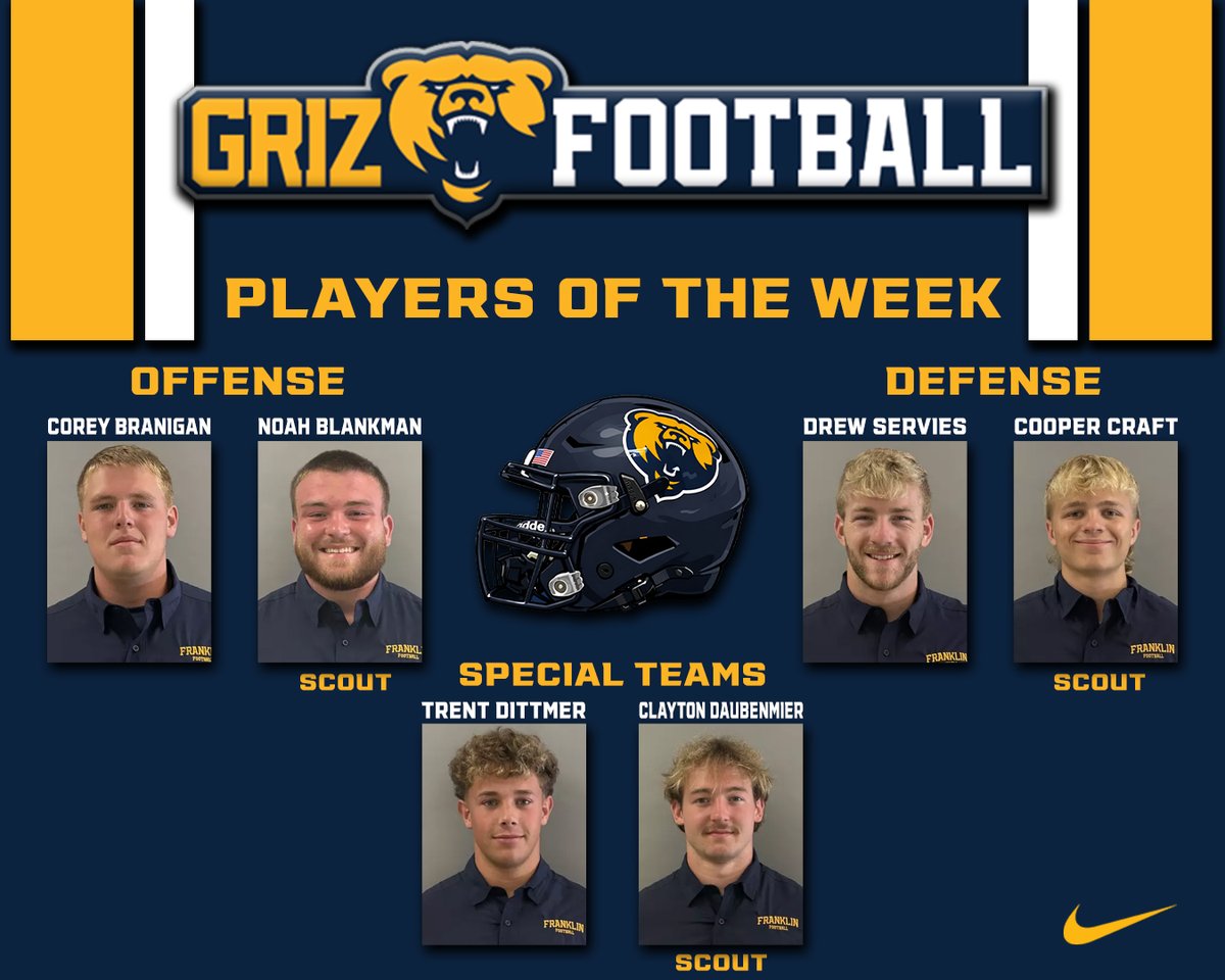 FCGrizFootball's tweet photo. Week 2 Players of the Week:
#76 Corey Branigan - Cloverdale HS
#67 Noah Blankman - Fern Creek HS (KY)
#31 Drew Servies - Tipton HS
#25 Cooper Craft - Hamilton Heights HS
#27 Trent Dittmer - Zionsville HS
#22 Clayton Daubenmier - Lafayette Harrison HS https://t.co/7fMH2Pl396