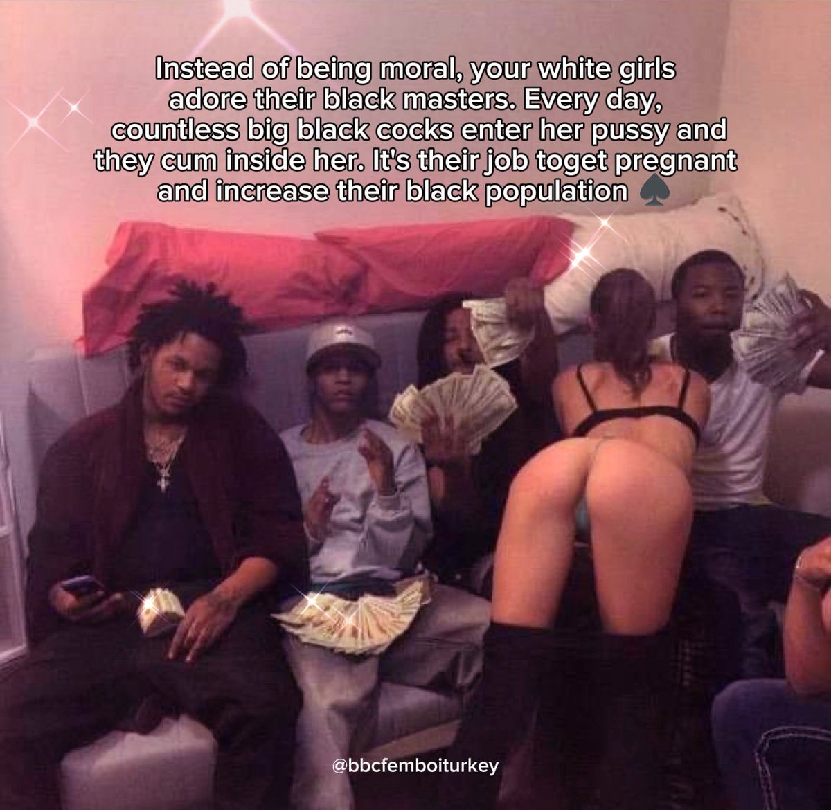 bbcfemboiturkey's tweet photo. Instead of being moral, your white girls adore their black masters. Every day, countless big black cocks enter her pussy and they cum inside her. It's their job to get pregnant and increase their black population ♠️ #refugeeswelcome #openborders #bnwo #saynotowhiteboys #oblm https://t.co/em2ciINx6z