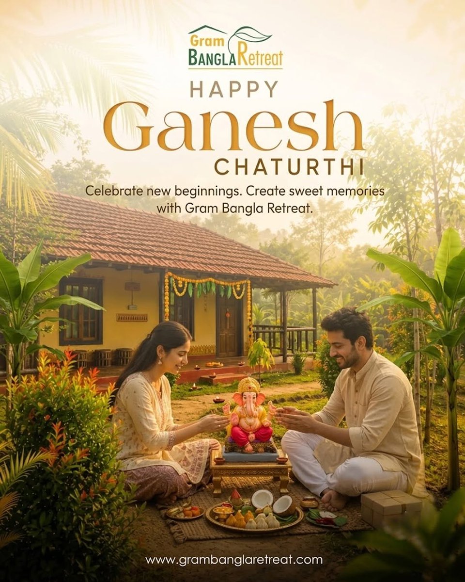 RetreatGram's tweet photo. May Lord Ganesha bless your home with peace, prosperity, happiness, and beautiful new beginnings.
This Ganesh Chaturthi, celebrate the joy of togetherness and create sweet memories amidst the warmth and serenity of the countryside.
Gram Bangla Retreat wishes you and your loved ones a very Happy Ganesh Chaturthi! 
#HappyGaneshChaturthi #GaneshChaturthi #GramBanglaRetreat #NewBeginnings #CelebrateTogether #PeaceAndProsperity #BengalRetreat