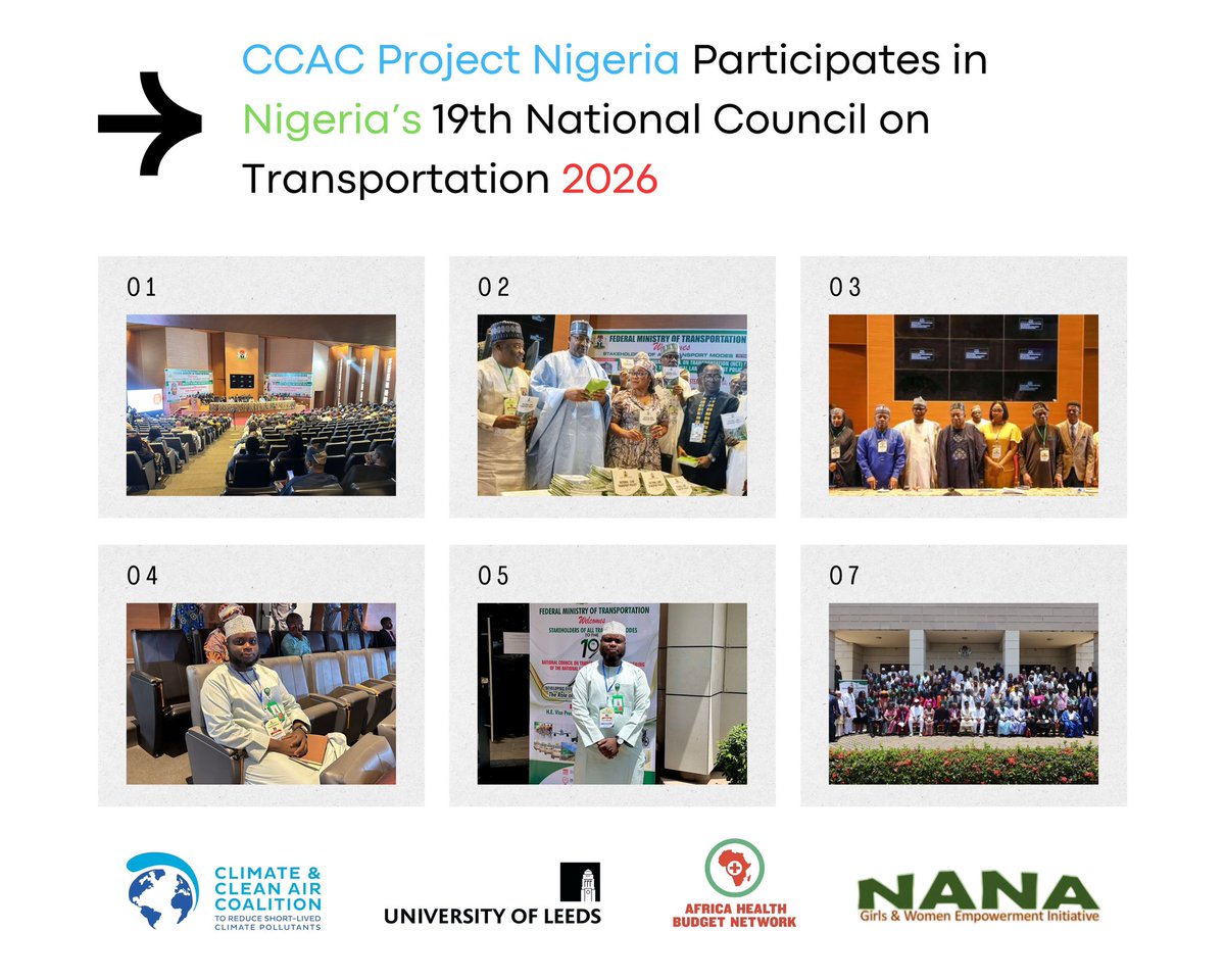 AHBNetwork's tweet photo. 𝐂𝐂𝐀𝐂 𝐏𝐫𝐨𝐣𝐞𝐜𝐭 𝐍𝐢𝐠𝐞𝐫𝐢𝐚 𝐏𝐚𝐫𝐭𝐢𝐜𝐢𝐩𝐚𝐭𝐞𝐬 𝐢𝐧 𝐍𝐢𝐠𝐞𝐫𝐢𝐚’𝐬 𝟏𝟗𝐭𝐡 𝐍𝐚𝐭𝐢𝐨𝐧𝐚𝐥 𝐂𝐨𝐮𝐧𝐜𝐢𝐥 𝐨𝐧 𝐓𝐫𝐚𝐧𝐬𝐩𝐨𝐫𝐭𝐚𝐭𝐢𝐨𝐧 

From 31st August to 3rd September 2026, the Climate and Clean Air Coalition (CCAC) Project Nigeria participated in the 19th National Council on Transportation (NCT) and the Unveiling of the Approved National Land Transport Policy (NLTP) in Abuja.

As part of the CCAC Project Nigeria, Africa Health Budget Network (AHBN) Budget & Communications Specialist, Sadiq S. Malami, attended the event to support strategic knowledge gathering, policy engagement and stakeholder interactions relevant to the project's ongoing work on cleaner and sustainable transportation in Nigeria.

The CCAC Project Nigeria is supporting the development of a National Policy and National Implementation Plan for Soot-Free Buses, including the promotion of cleaner bus technologies such as Compressed Natural Gas (CNG) and Electric Vehicle (EV) buses. Participation in the Council therefore provided an important opportunity to gather policy intelligence and insights that can help inform the project's activities and contribute to ongoing conversations around sustainable mobility and cleaner transportation in Nigeria.

The four-day Council brought together key stakeholders across Nigeria's transportation sector to deliberate on the development of a more effective, integrated and sustainable transport system. A major highlight of the event was the unveiling of the Approved National Land Transport Policy (NLTP), which provides an important policy framework for improving and integrating Nigeria's land transportation system.

The event also featured important discussions on the transition towards cleaner transportation, including the role of CNG in supporting lower-emission mobility. These conversations are particularly relevant to the CCAC Project Nigeria as the country continues to explore practical and sustainable pathways towards reducing emissions and improving air quality within the transportation sector.