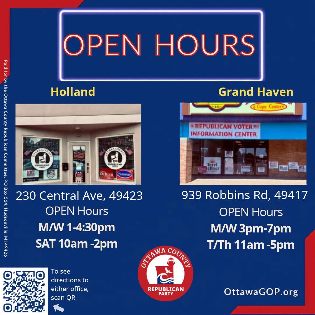 OttawaGOP's tweet photo. Office hours today, Monday 9/14 in Downtown Holland and Grand Haven! (See below) --Come get Voter Guides and signs! 🇺🇸#MakeMichiganRED! #CommonSenseVersusCRAZY! https://t.co/vas47pIUum