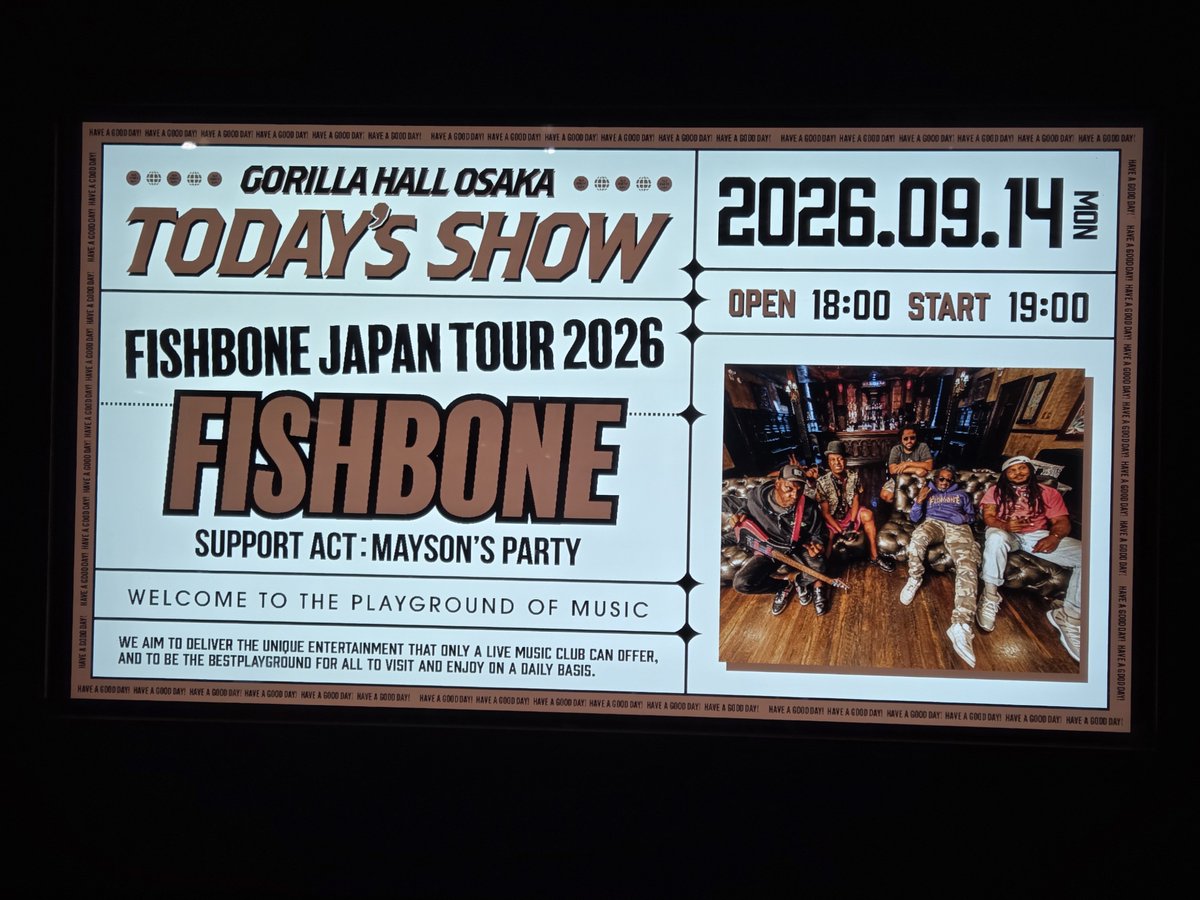 shiner0318's tweet photo. 今日はゴリラホールでFISHBONE！
約35年前位に良く聴いていた！
懐かしいのも聴けたー。
お客様が200から300位？1300キャパに無茶苦茶少なかったけどフロントマンのアンジェロが客にダイブ！そこからモッシュ起こり、大盛り上がり！ライブは客数じゃないと本当に思いました
#FISHBONE
#ゴリラホール https://t.co/rHI1cHsmo5
