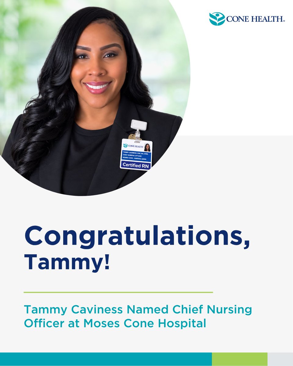 ConeHealth's tweet photo. 👏 Tammy Caviness has been named Chief Nursing Officer and Vice President of Patient Care Services at Moses Cone Hospital. 

A dedicated Cone Health leader for more than 15 years and a healthcare professional with more than 25 years of experience...https://t.co/yBZQ9boTy8 https://t.co/8P4rB6Ww5F