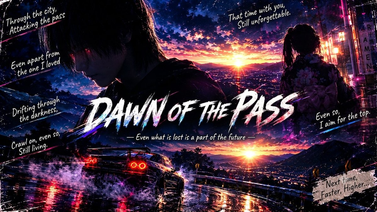 EKXda6PyCe88115's tweet photo. 新曲！
                  DAWN of THE PASS
- Even what is lost is a part of the future-

翻訳⬇
                 峠の夜明け
-失ったものも、未来の一部だ-

作詞：Shunhoho
作曲：GoogleAI・Suno
※まだ英語版しか作ってません
    日本語版もお楽しみ！

https://t.co/fi3u9y81a1 https://t.co/DXMWOpssHP