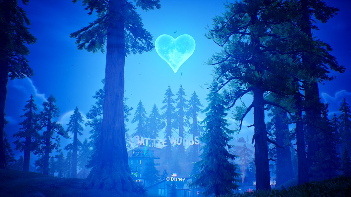 Fortnite teaser image with Battle Bus sign and blue heart in sky for Kingdom Hearts collab